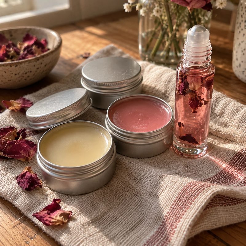 Homemade lip balm tins and a lip oil