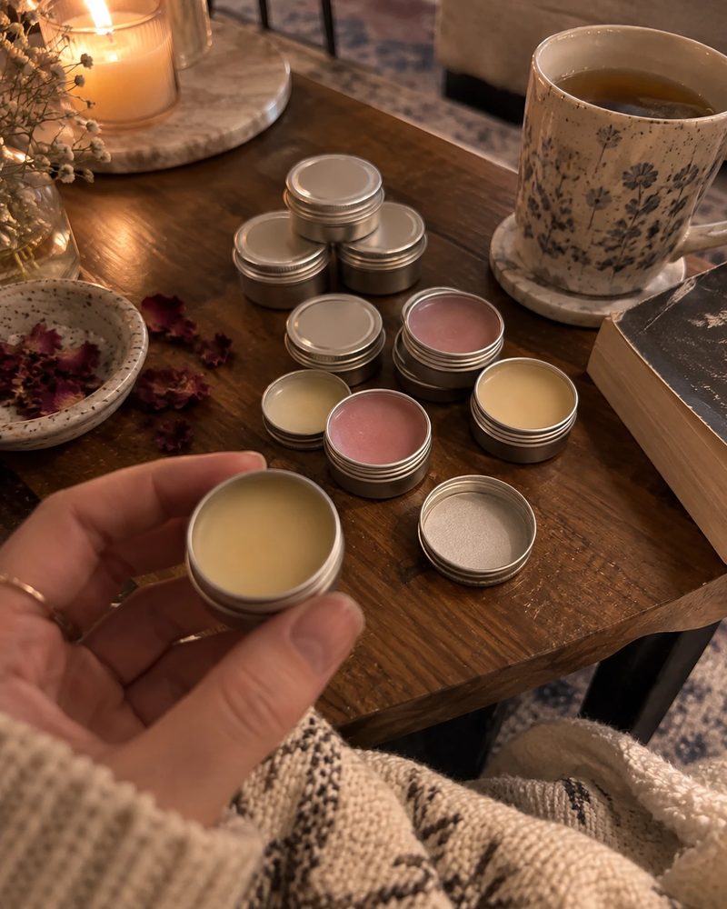Homemade lip balm tins on a coffee table