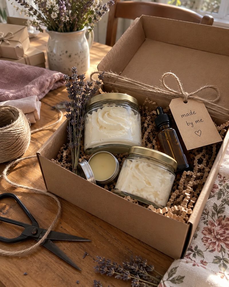 Homemade body care gift set in a kraft box with a handwritten tag