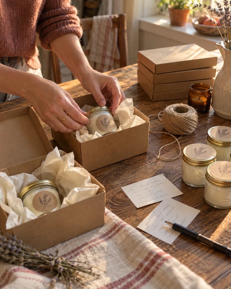 Labeled jars of homemade body butter packed for orders on a kitchen table